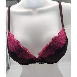 Victoria's Secret Bra Dream Angels Plunge Padded 34B Pink Black Lace Trim Bow B1